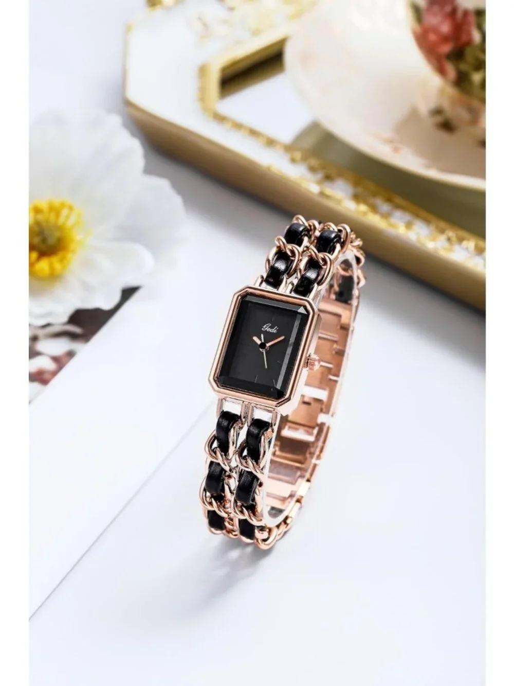 Women's Rose Gold Square Adjustable Chain Braid Band Quartz Retro Wrist Watch